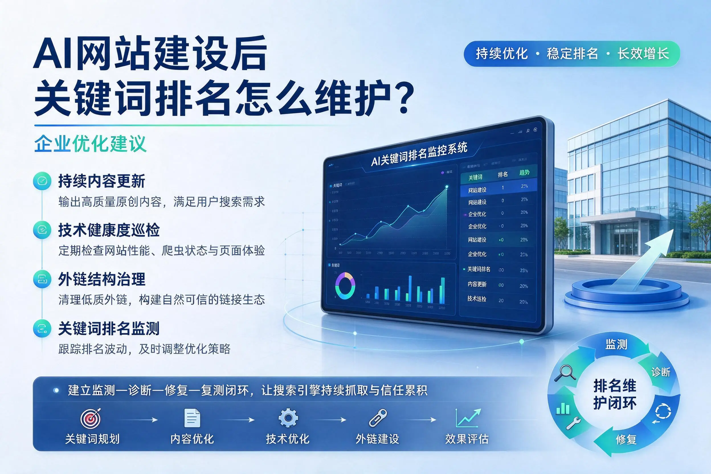 AI网站建设后关键词排名怎么维护?双鸭山企业优化建议