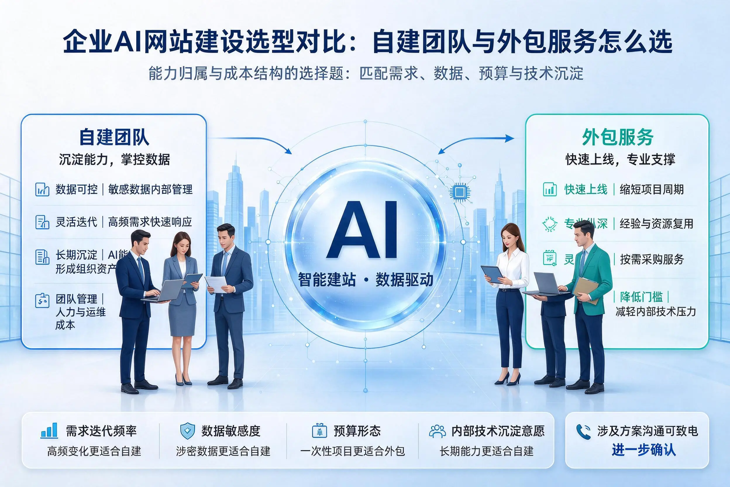 双鸭山企业AI网站建设选型对比:自建团队与外包服务怎么选
